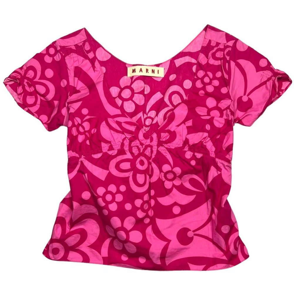 2000's Marni pink and red floral print cropped cotton blouse with tie back